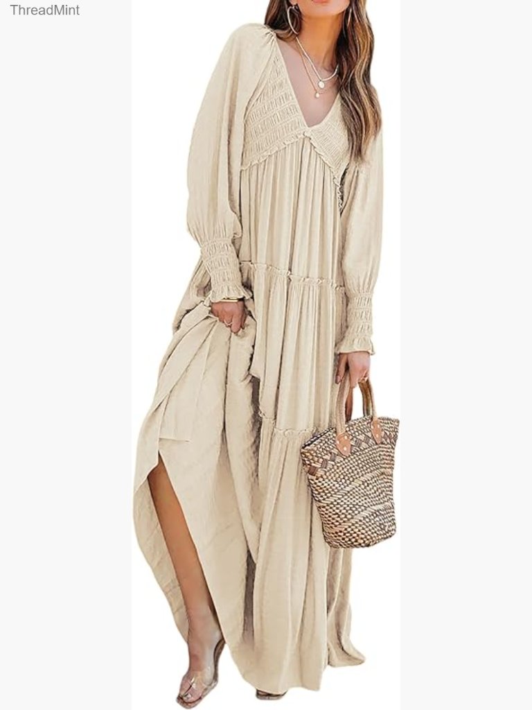 Long Sleeve V Neck Empire Waist Maxi Dress Flowy Ruffle Boho